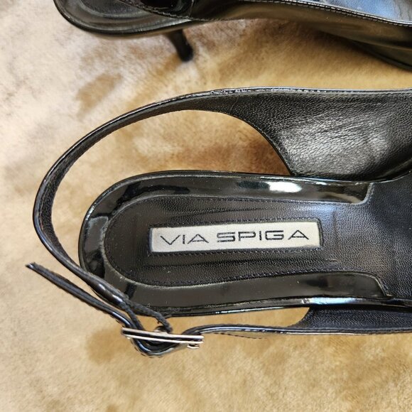 Via Spiga Black Sling Back Patent Leather Stiletto Heel with Bow - Picture 4 of 10
